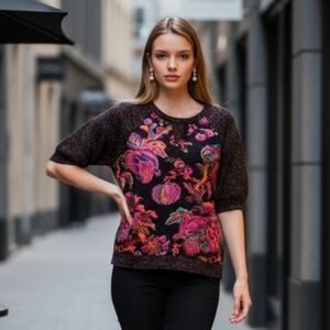 Anthropologie James Coviello Pullover Black Metalic Brocade Floral Pattern M EUC